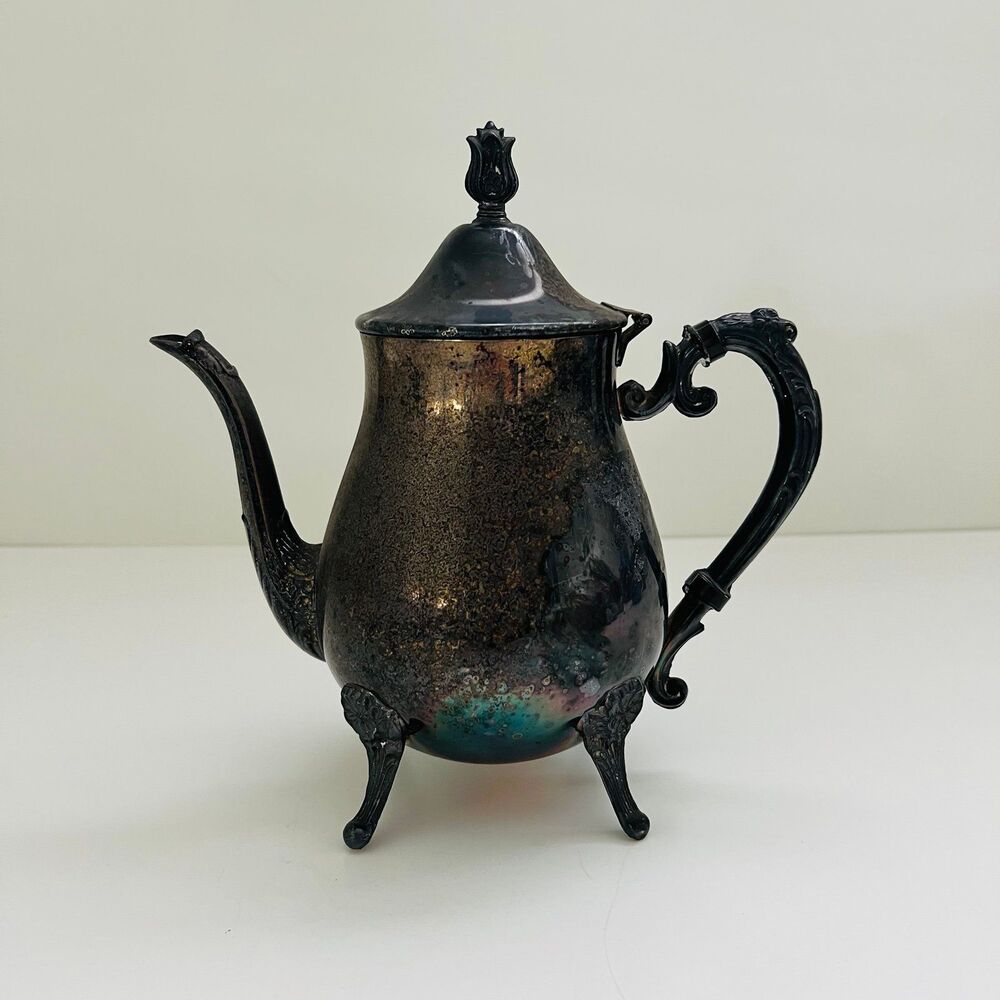 LEONARD Silver Plated Ornate Footed Tea Coffee Pot With Hinged Lid
